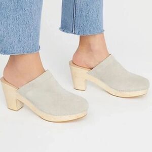 Free People Highland Park Clog Mule Gray Suede Wooden Heel